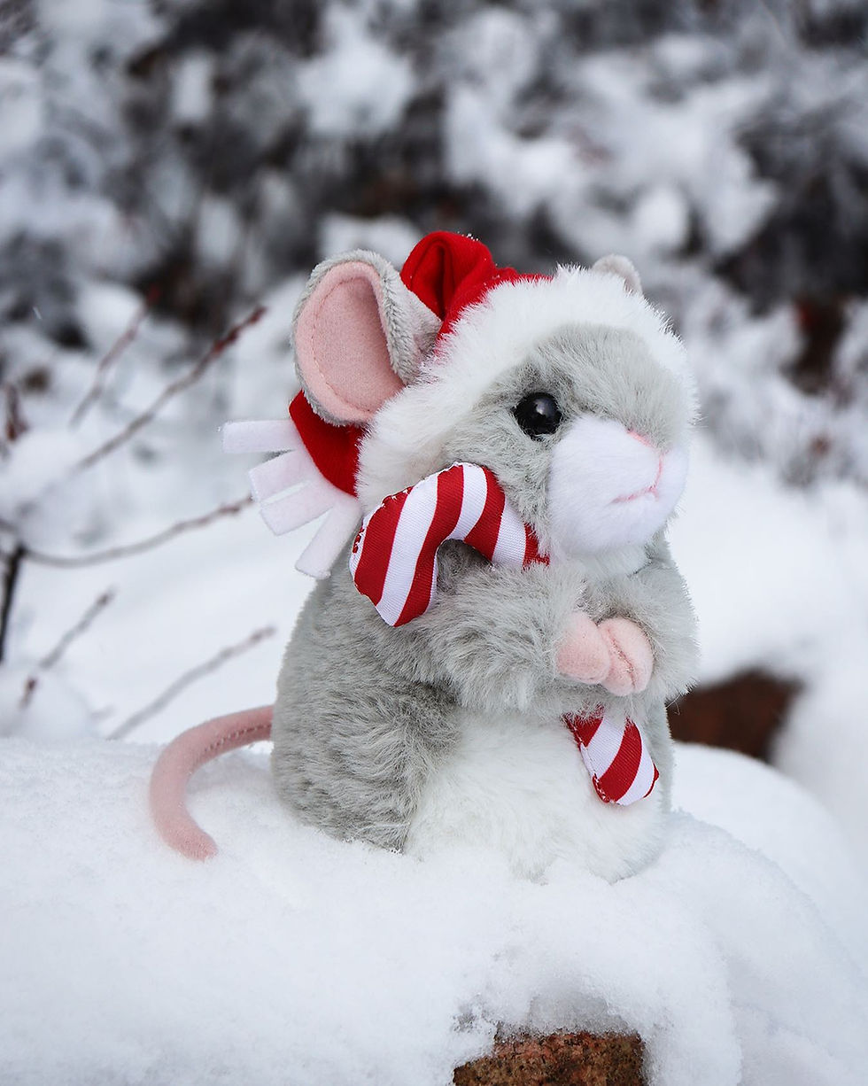 Small brown & white mouse stuffed toy wearing Santa hat & holding candy cane outside in snow