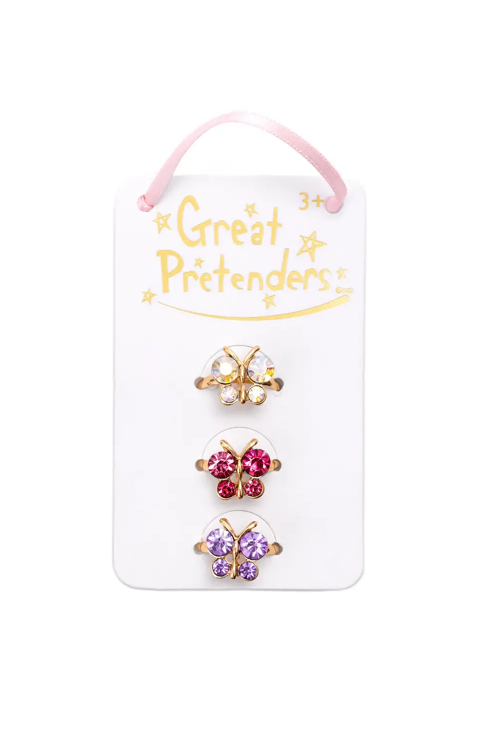 Set of 3 sparkling crystal child's dress-up rings in butterfly shapes on white cardboard package