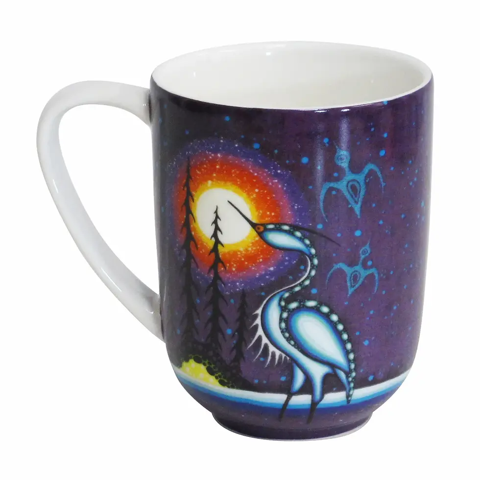 Thumbnail: Back of dark blue coffee mug with reproduction of artist James Jacko's painting 'Crane'