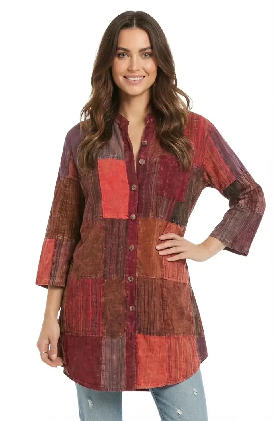 Front view of model in long burgundy & rust patchwork tunic blouse