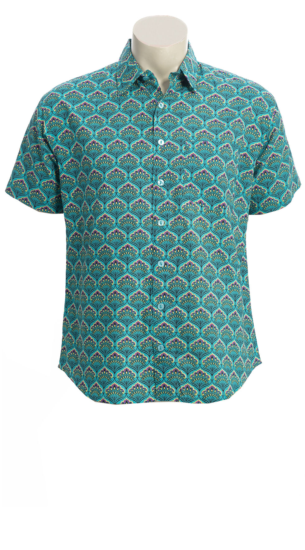 Peacock print on teal short sleeved collared shirt with button front
