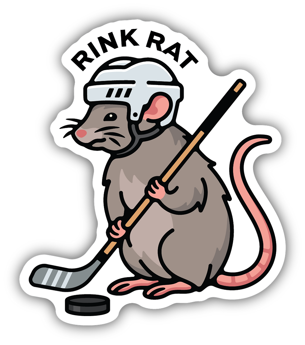 White vinyl sticker in shape of grey rat with hockey stick & helmet, text, 'rink rat'