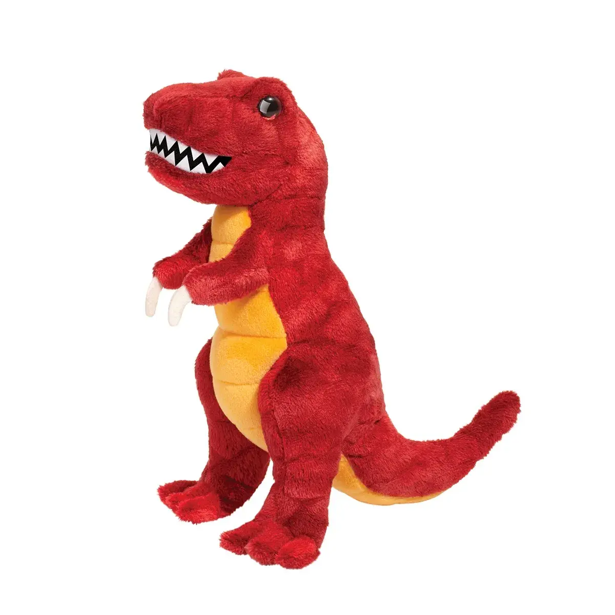 Right-front view of small red & yellow standing T-rex dinosaur stuffed toy with open toothy mouth
