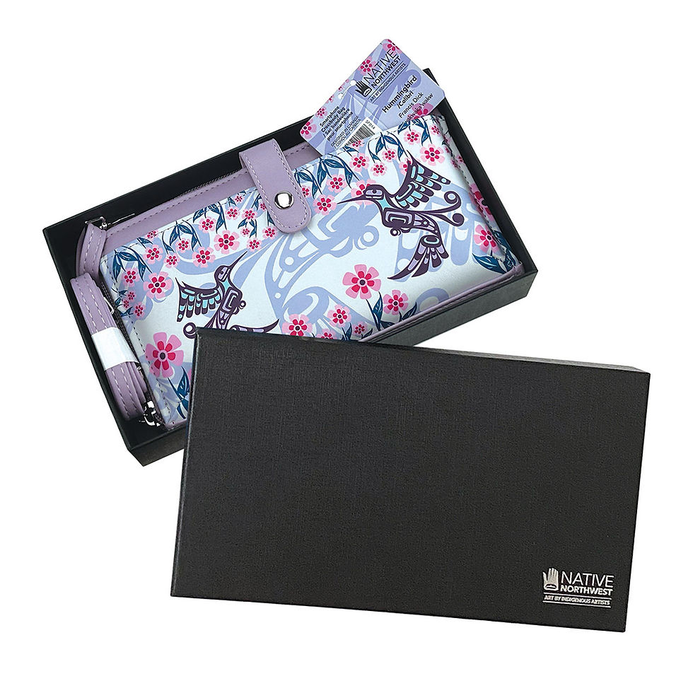 Thumbnail: Rectangular bag with long adjustable strap, printed with artist Francis Dick's 'Hummingbird' in box