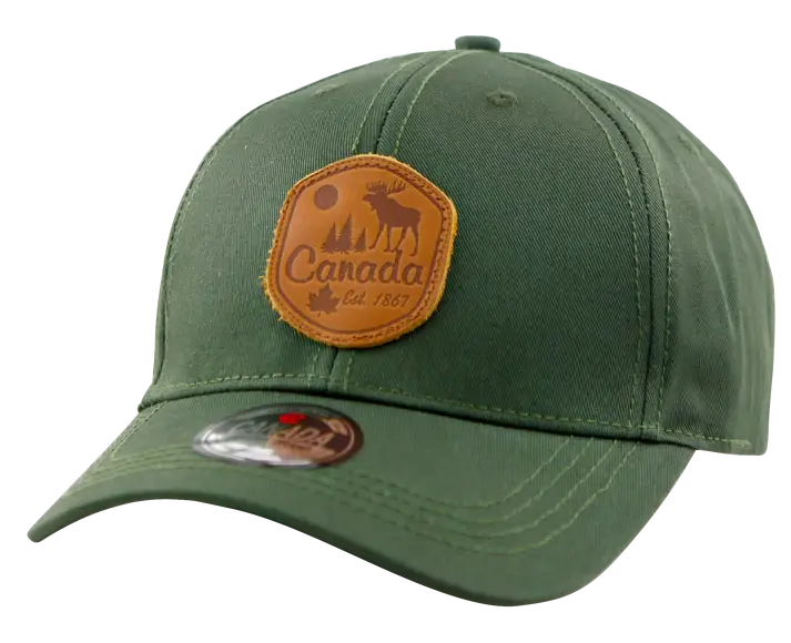 Green baseball cap with brown leather patch on front with moose, trees & Canada