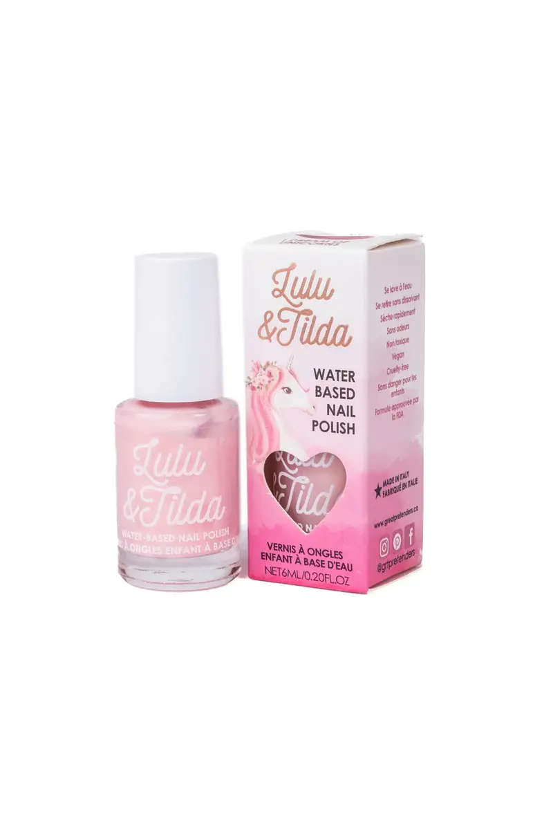 White capped bottle of Lulu & Tilda children's washable nail polish, color I Dream of Unicorns with box