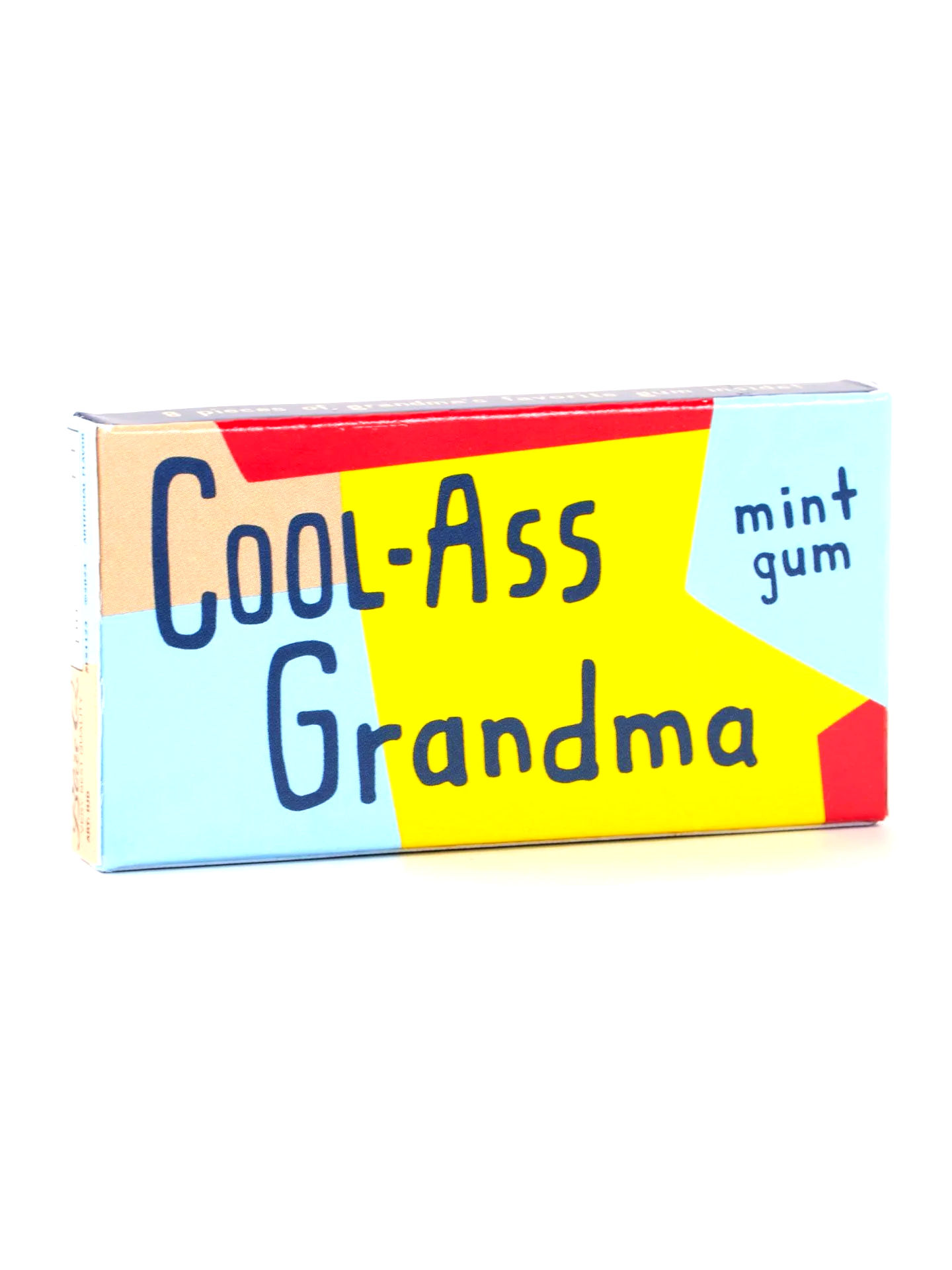 Front view of small box of chewing gum, text, 'Cool-Ass Grandma mint gum'