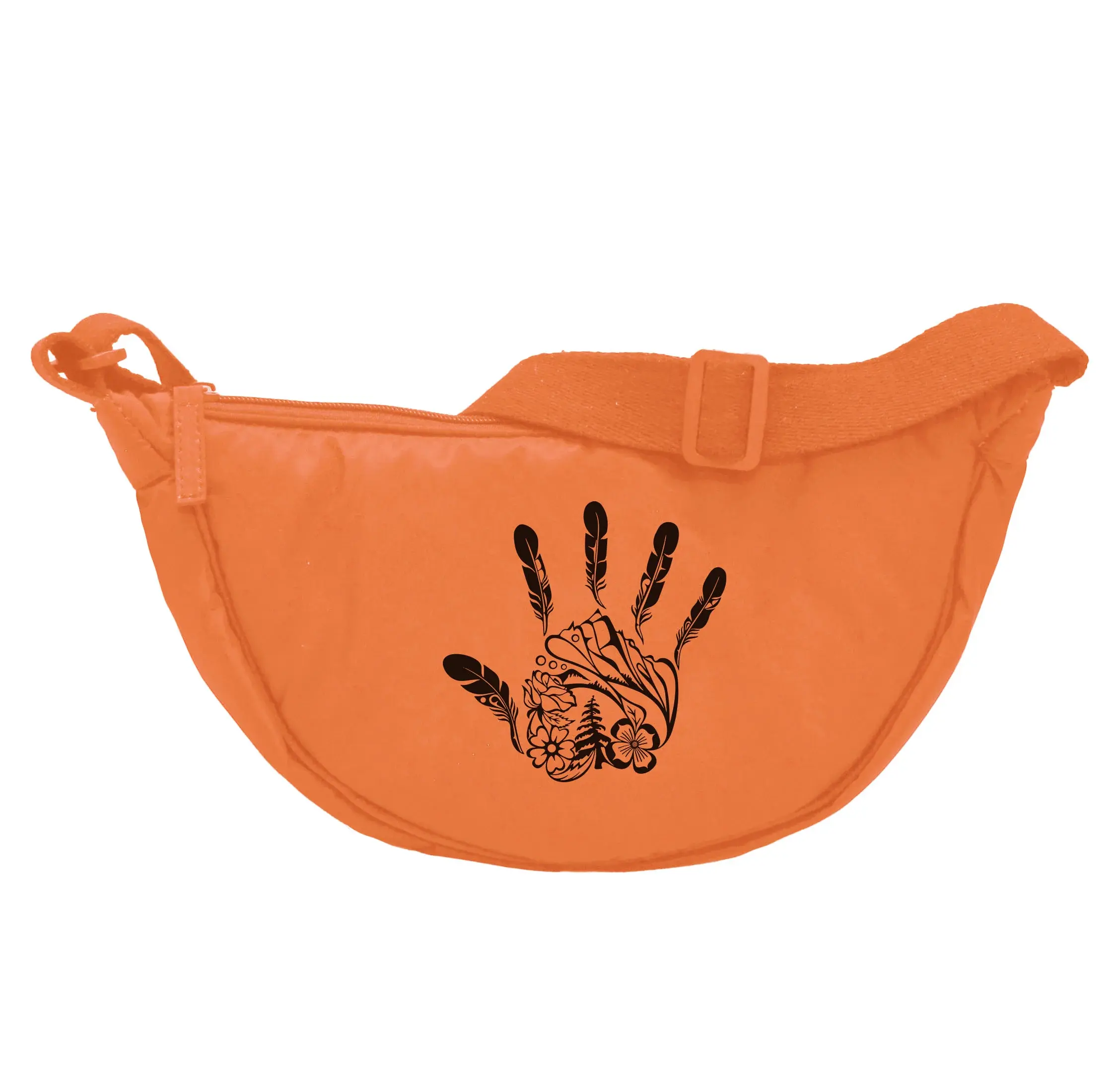 Orange halfmoon hip pack with adjustable strap & artist Michelle Stoney's 'Gitxsan Hand' printed on front in black