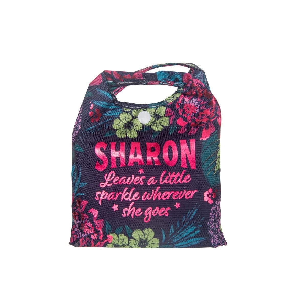 Sparkly black pouch with floral print & text, 'Sharon Leaves a Little Sparkle Wherever She Goes' holding matching shopper