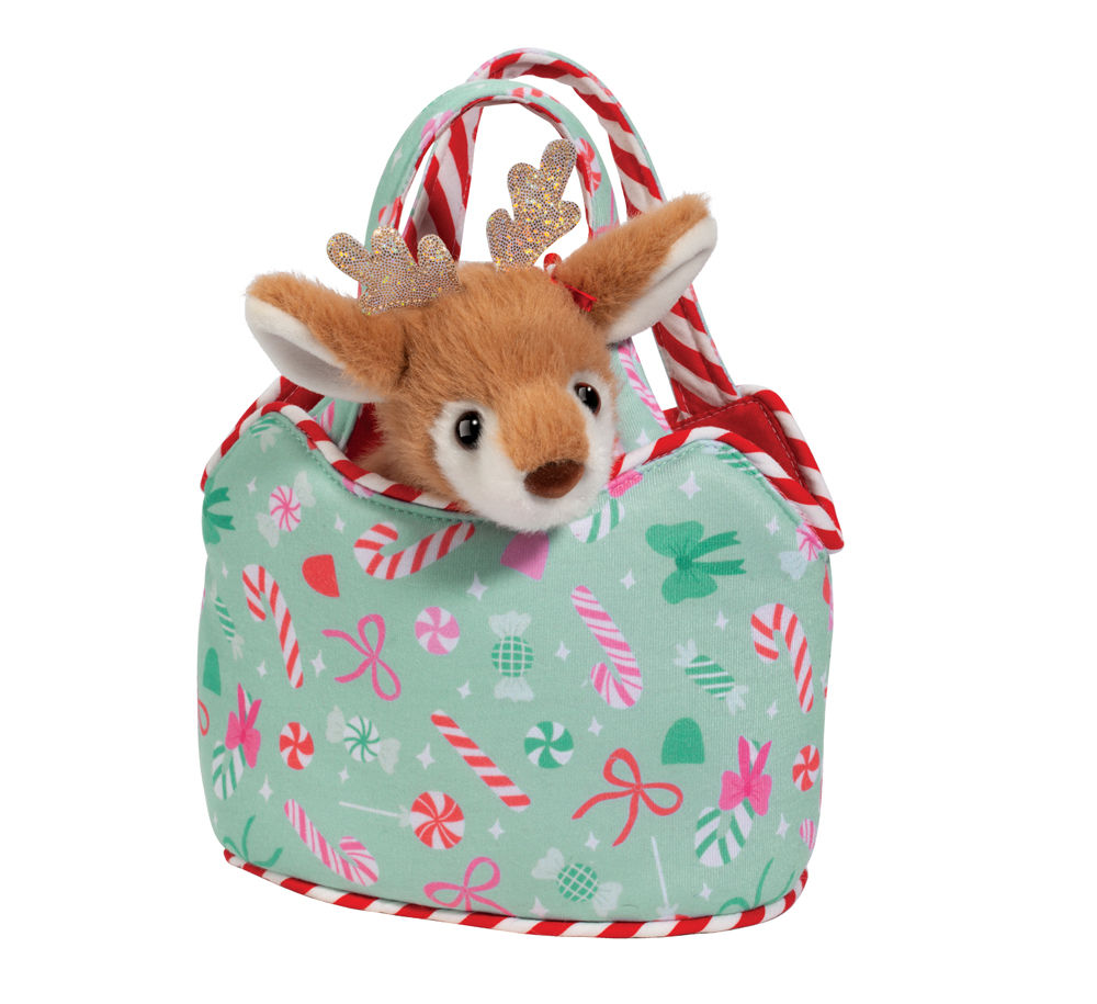 Light green fabric purse with red & white candycane trim & red bows print with small stuffed toy reindeer peeking out