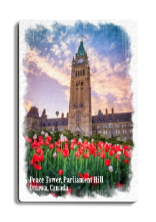 Front view of the Peace Tower and tulips rectangular magnet at Tickled Pink Ottawa.