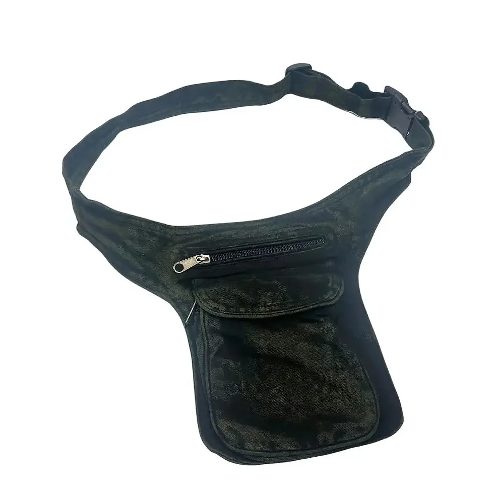 Thumbnail: Small green hip pouch with zipper & flap compartments & adjustable waist band