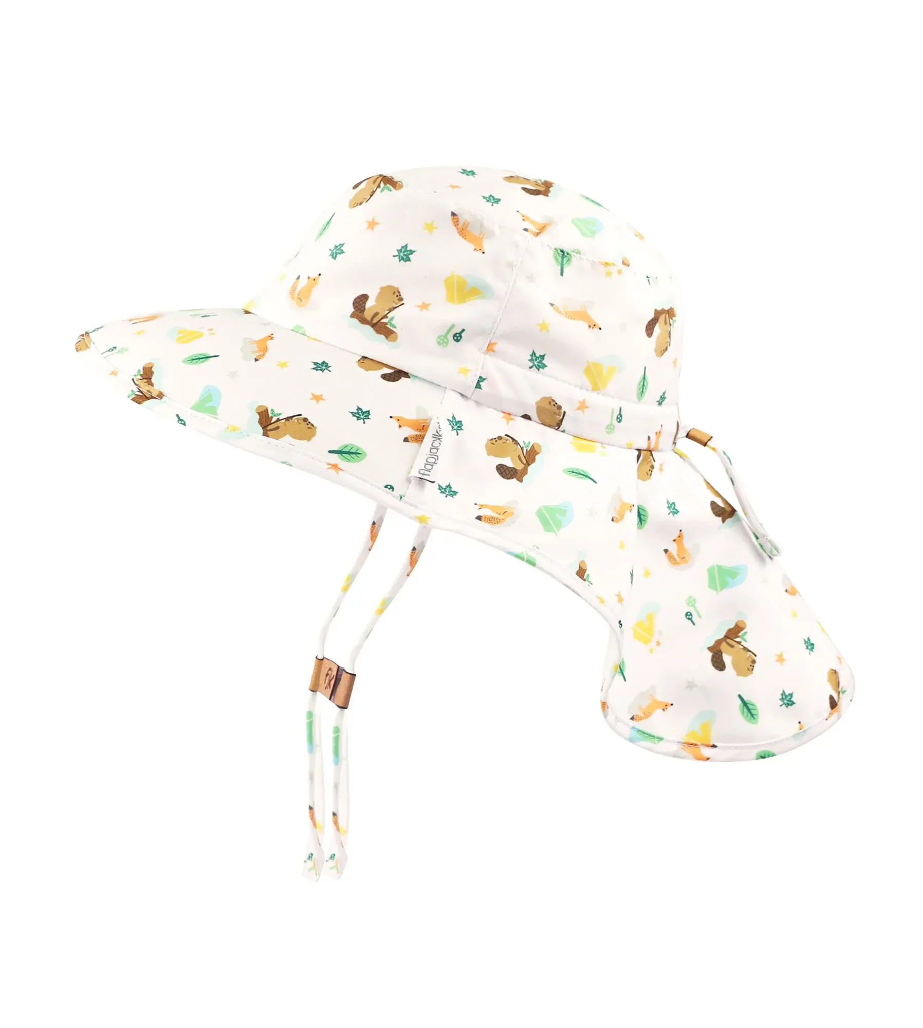 Side view of white beaver print sun hat with neck flap & adjustable strap