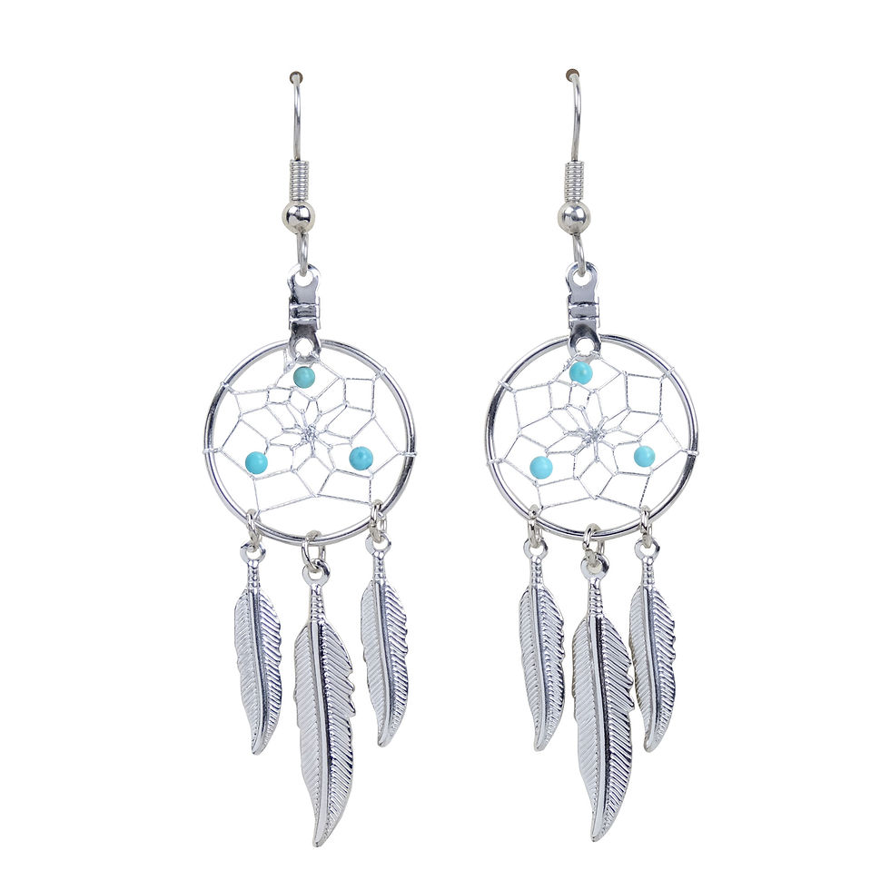 Pair of ¾" silver metal dream catcher earrings with turquoise gemstones in webs & 3 hanging metal feathers