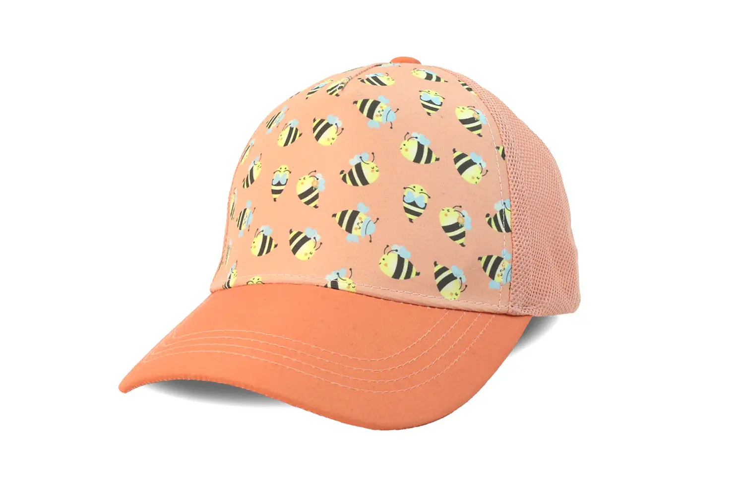 Angled side view of peach kids' ball cap with black & yellow bees print on front