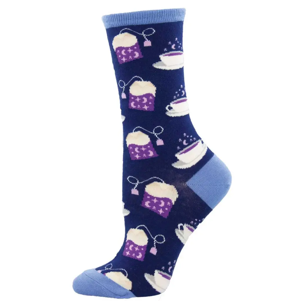 Navy & gray sock with all over print of teabags and teacups