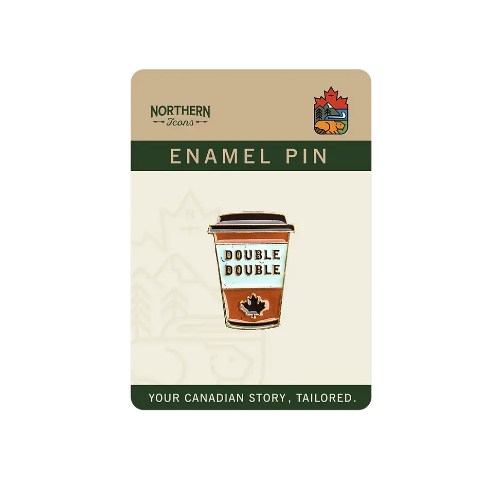 Double Double enamel pin packaged on green & cream card