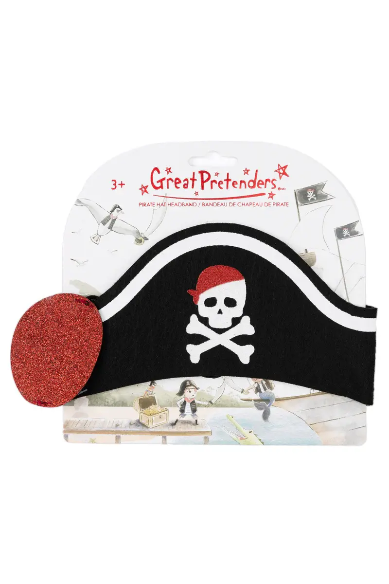 Black headband in shape of pirate hat with skull & crossbones & red eye patch in packaging