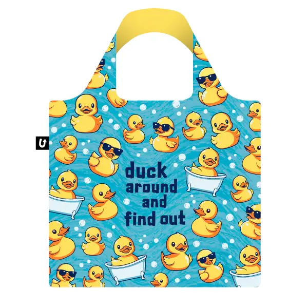Full front view of the Duck Around duck pattern tote bag by Uptown Sox at Tickled Pink Ottawa.