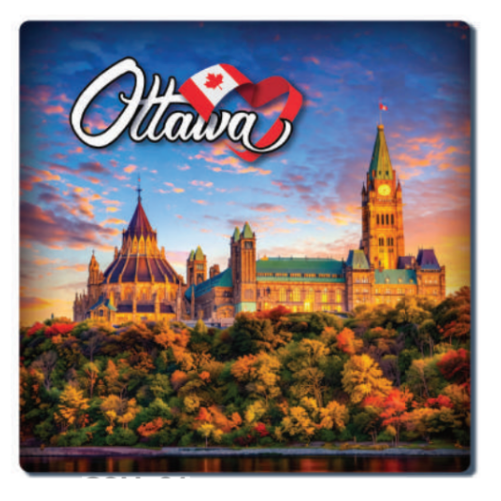 A square Ottawa coaster showing an autumn river view of Parliament Hill at Tickled Pink.