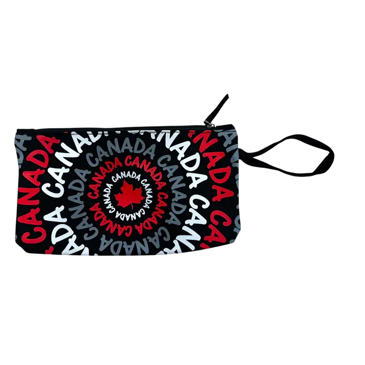 Zippered pouch with handle, Canada printed in repeating spiral of red, white & grey with maple leaf at center