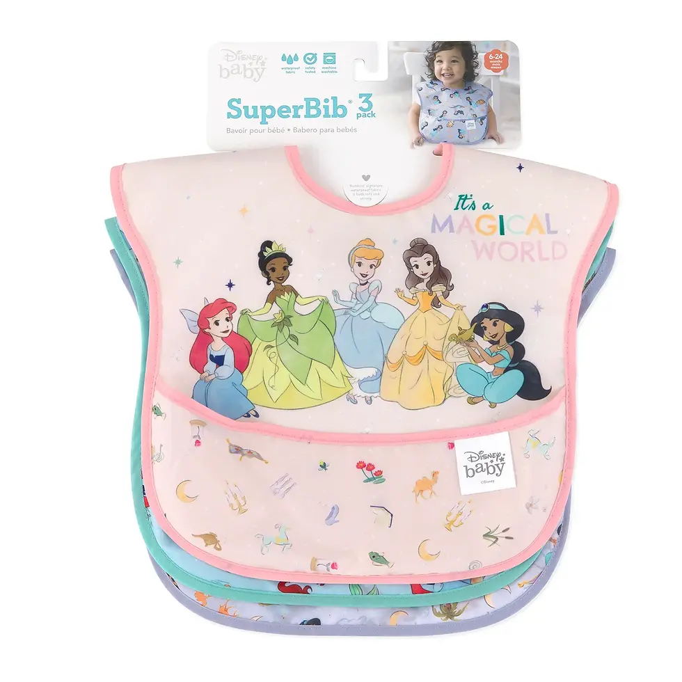 Group of 3 plastic baby bibs with Velcro neck closures - Disney: Magical World/Ariel/Jasmine, packaged