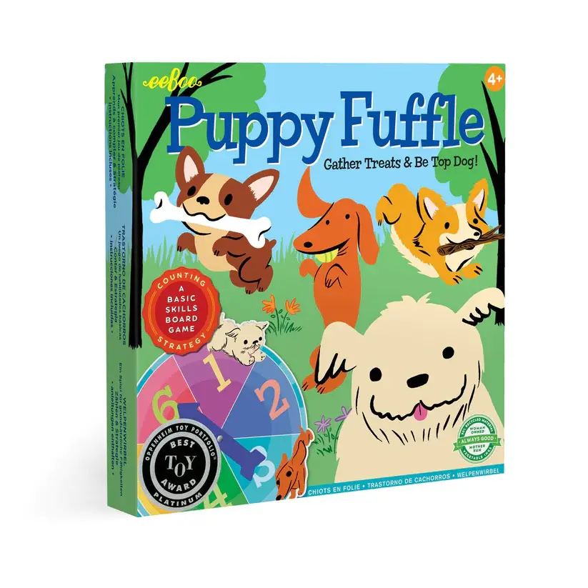 Front of colorfully illustrated Puppy Fuffle board game box featuring happy puppies
