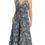 Thumbnail: Front view of model in gray-gold long sleeveless dress with criss-cross bodice, ruffle hem & pocket