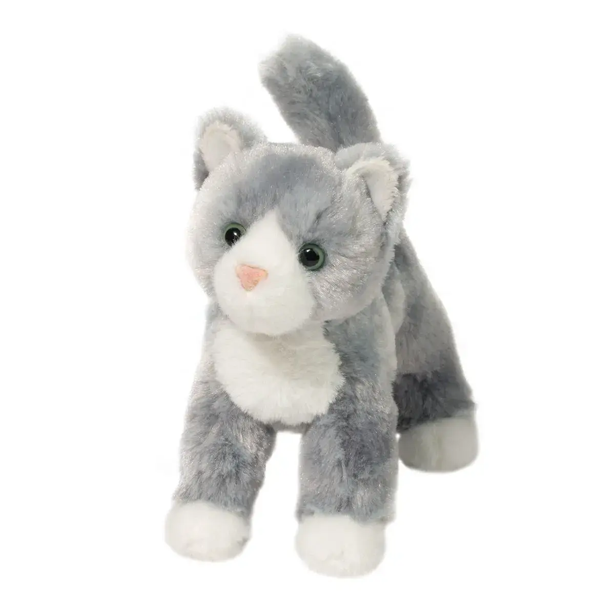 Front view of small stuffed toy gray cat in standing position