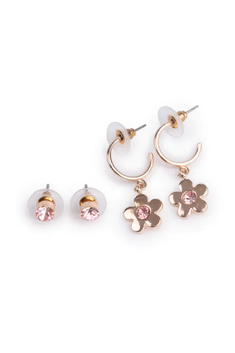 pair of stud earrings with clear stone & pair of hoop earrings with flower dangles