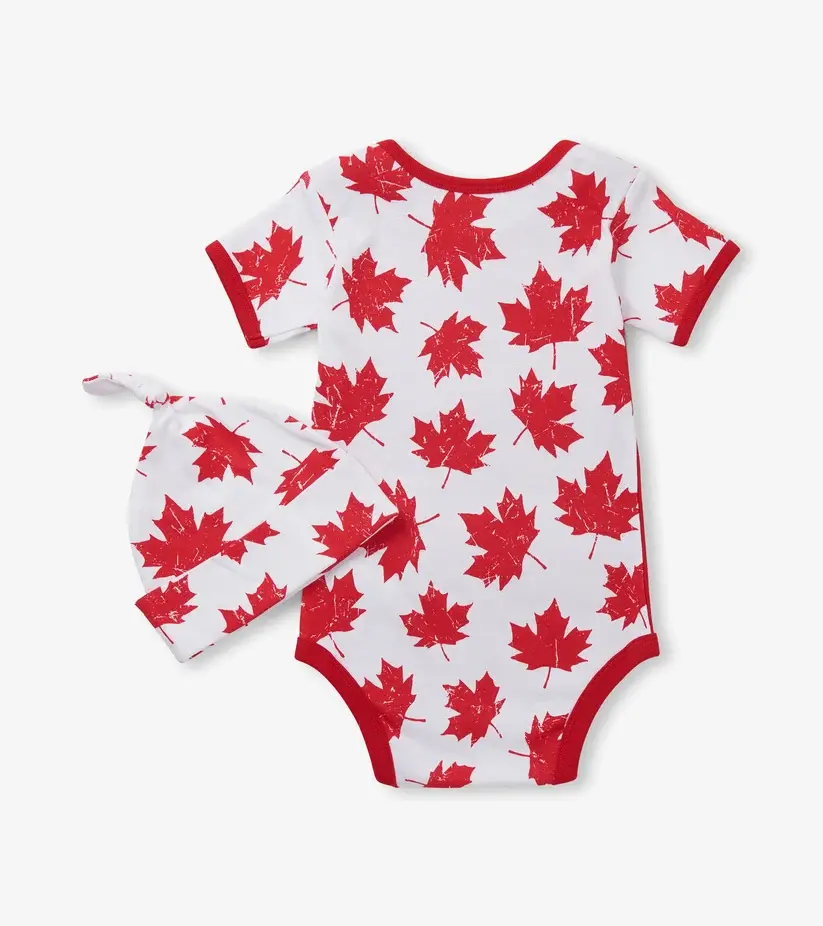 Back view of the Little Blue House Canada baby bodysuit and hat set at Tickled Pink.