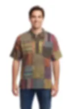 Front view of male model in mainly green pullover patchwork short sleeve shirt with mandarin collar