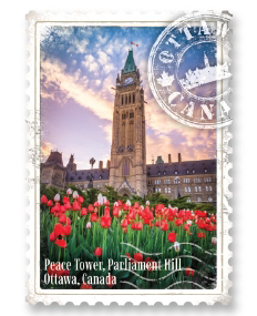 Front view of the Peace Tower and tulips stamp magnet at Tickled Pink Ottawa.