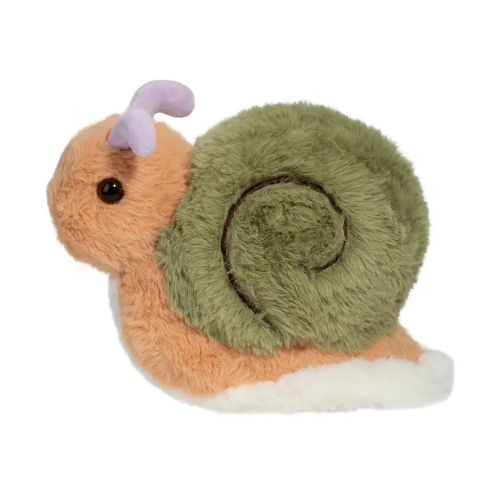 Thumbnail: Left view of tan, white & green plush stuffed snail toy animal