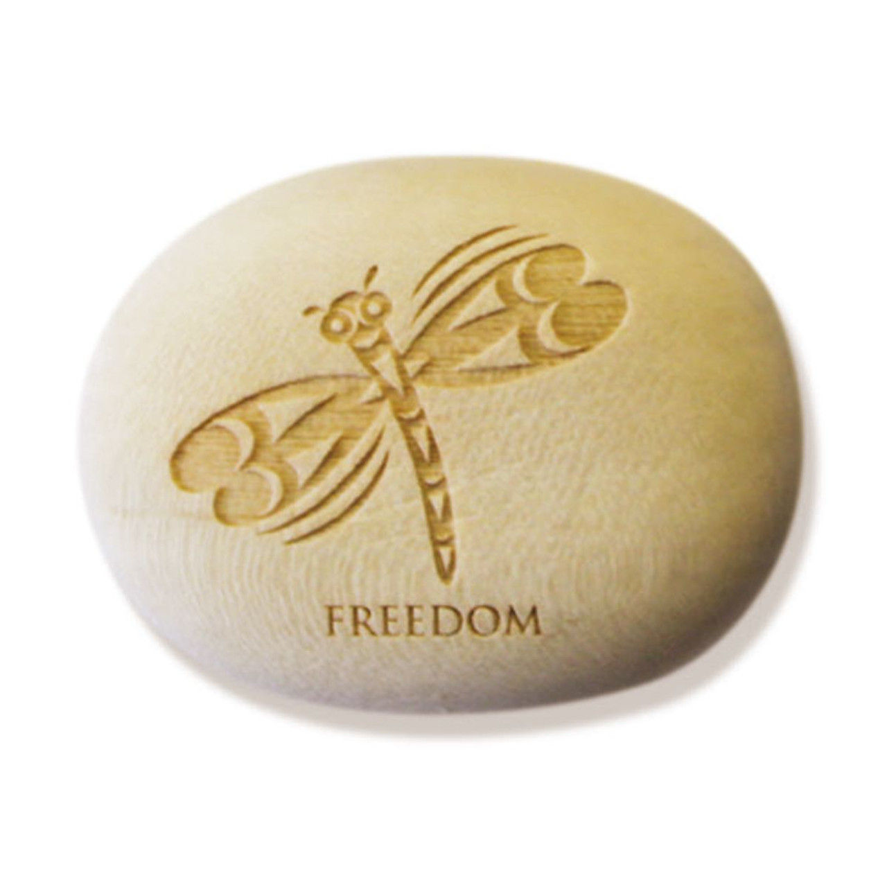 Oval shaped wood pocket charm engraved with artist Maynard Johnny Jr.'s 'Dragonfly' & text 'Freedom'
