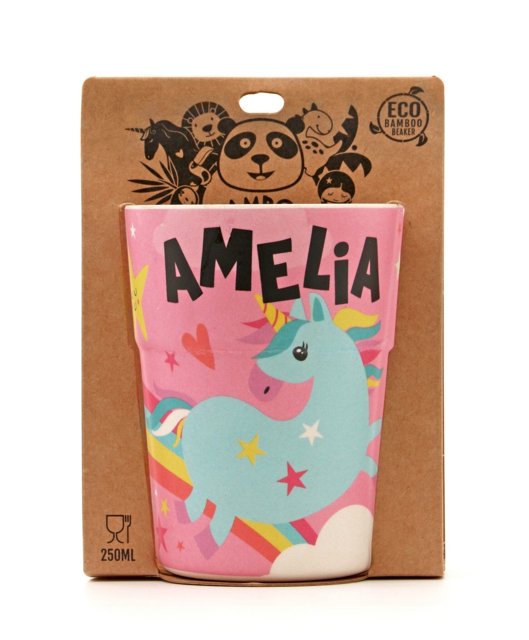Colorful kids beaker with image of blue unicorn & black text 'Amelia' in brown cardboard packaging with panda logo