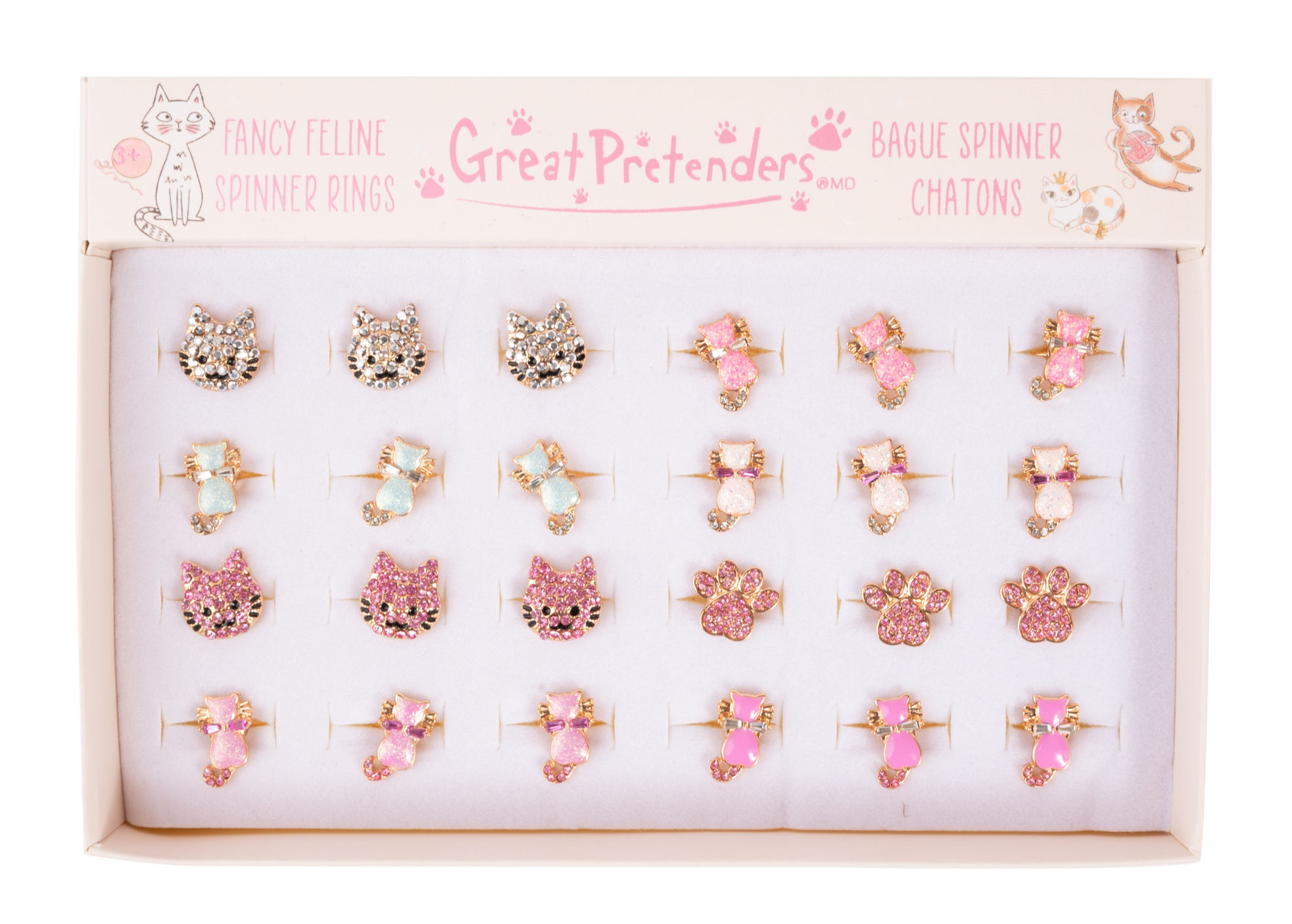 Box of 24 assorted spinner fidget rings in cat designs with pink & white rhinestones