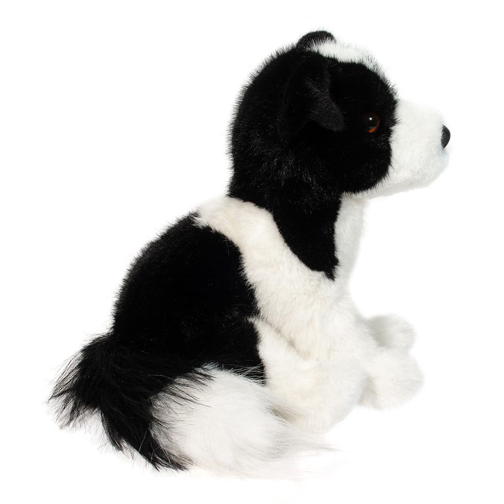 Thumbnail: Side view of black & white stuffed toy border collie in seated position