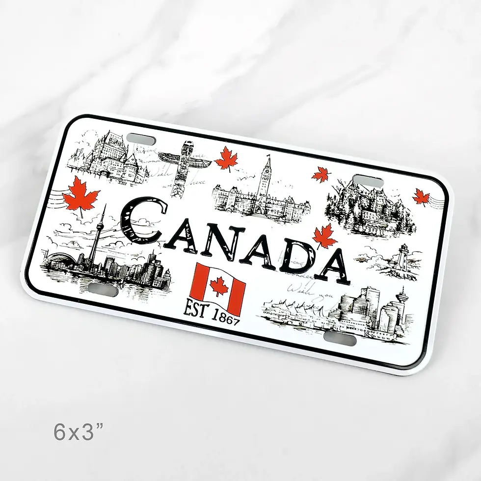 Black & white rectangular magnet with line drawings of Canadian icons, red maple leaves & Canadian flag