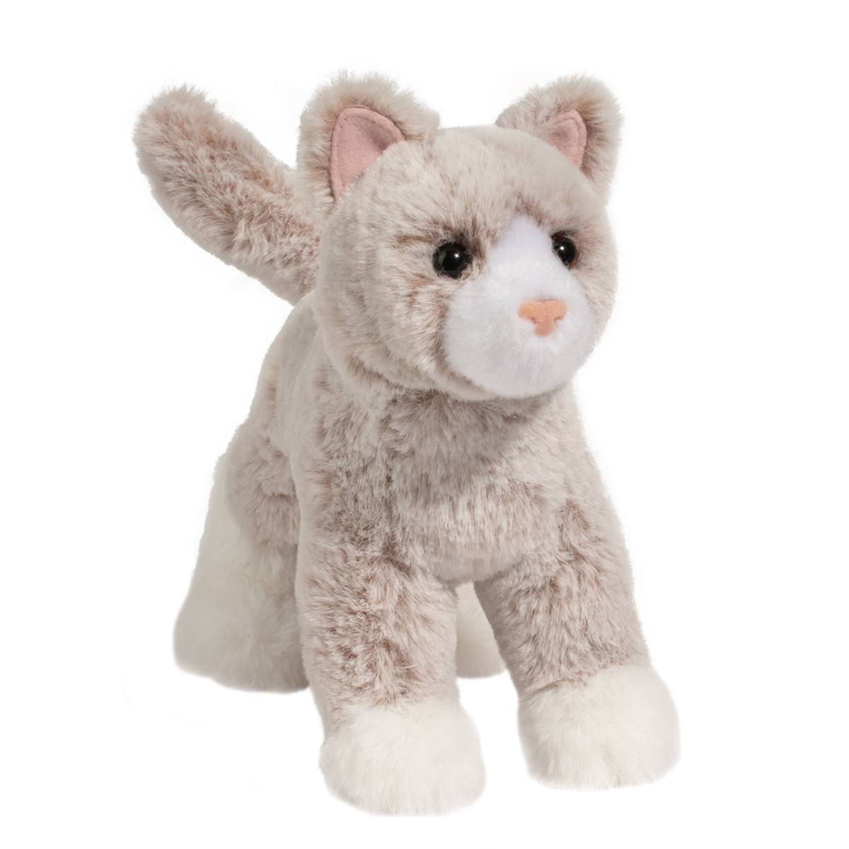 Front view of small stuffed toy tan cat in standing position