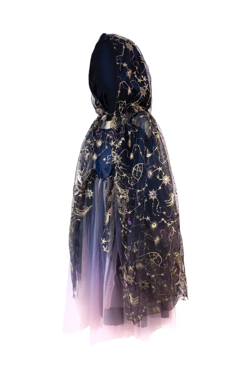 Back view of long purple cape with gold stars & constellations embroidered on tulle over-layer