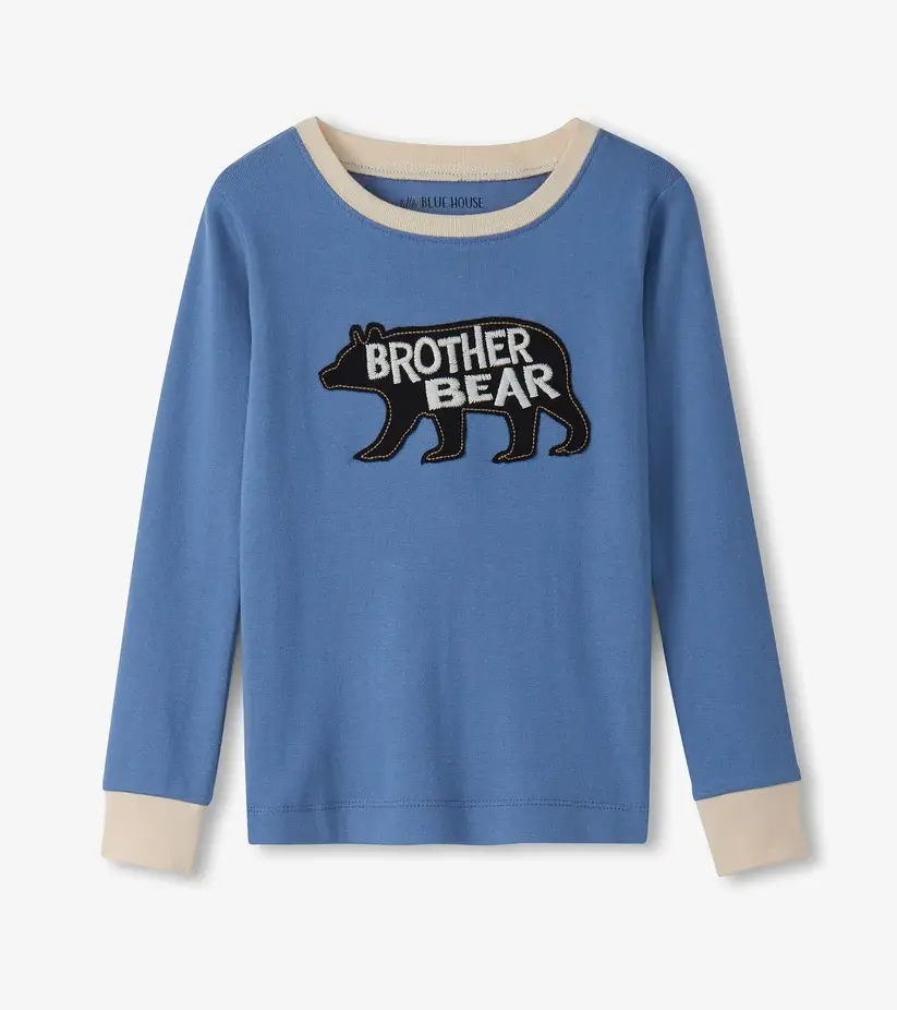 Thumbnail: Little Blue House Brother Bear kids long sleeve pajama top with bear graphic at Tickled Pink.