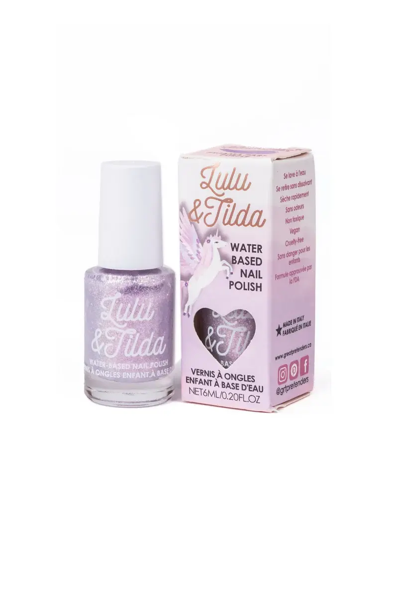 White capped bottle of Lulu & Tilda children's washable nail polish, color Pajama Party Purple with box