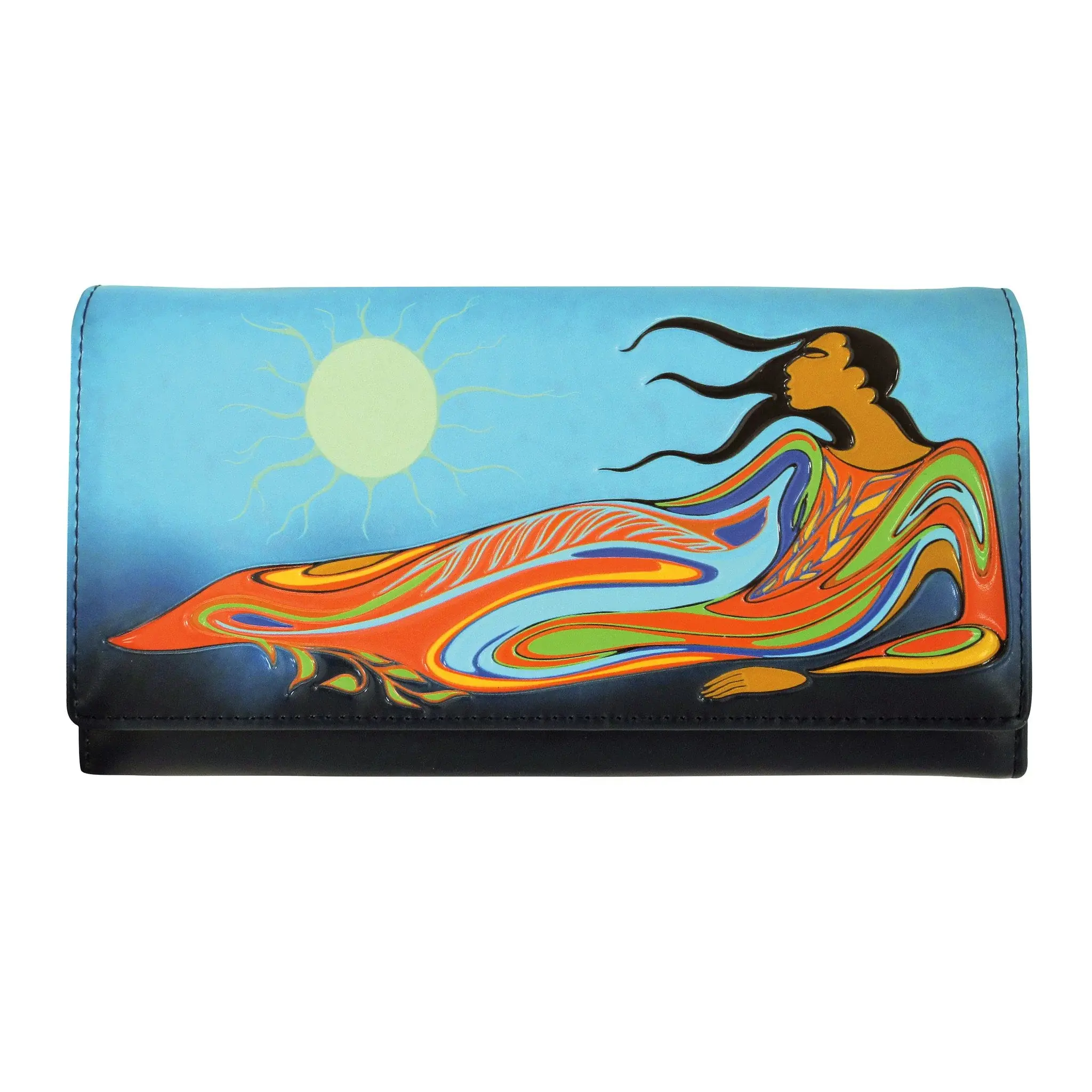 Front of rectangular zippered faux leather wallet featuring artist Maxine Noel's painting 'Mother Earth'