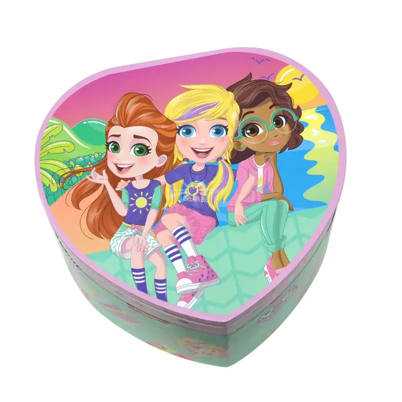 Top view of green & pink musical jewel box with Polly Pocket theme