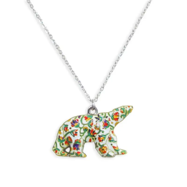 Spring Bear pendant necklace by Dawn Oman featuring floral bear art at Quichua World Market in downtown Ottawa.