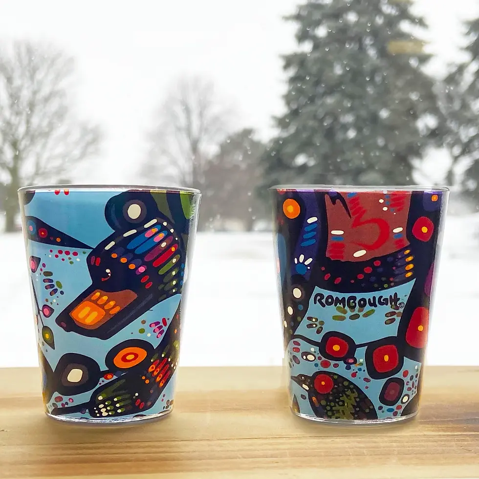 2 small frosted shot glasses showing both sides of John Rombough's painting, 'Bear'