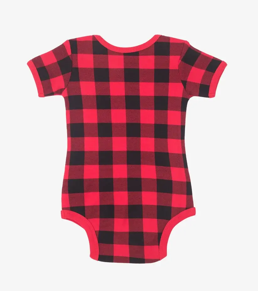 Back view of the Little Blue House Plaid Moose baby bodysuit at Tickled Pink.