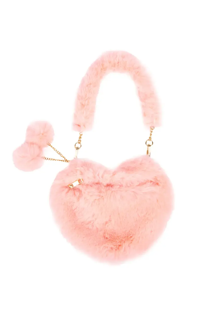 Front view of furry pink heart-shaped purse with gold chain, zipper & 2 pompoms
