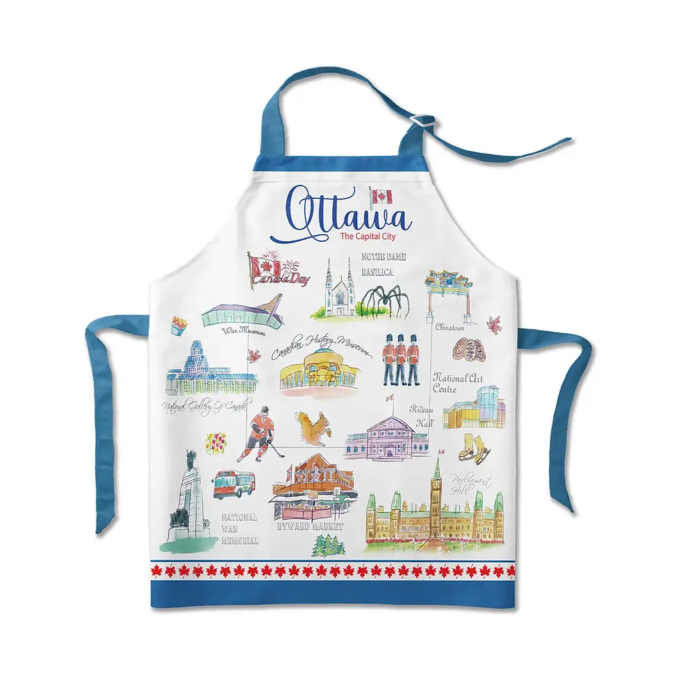 White apron with blue trim and all-over print of famous Ottawa landmarks
